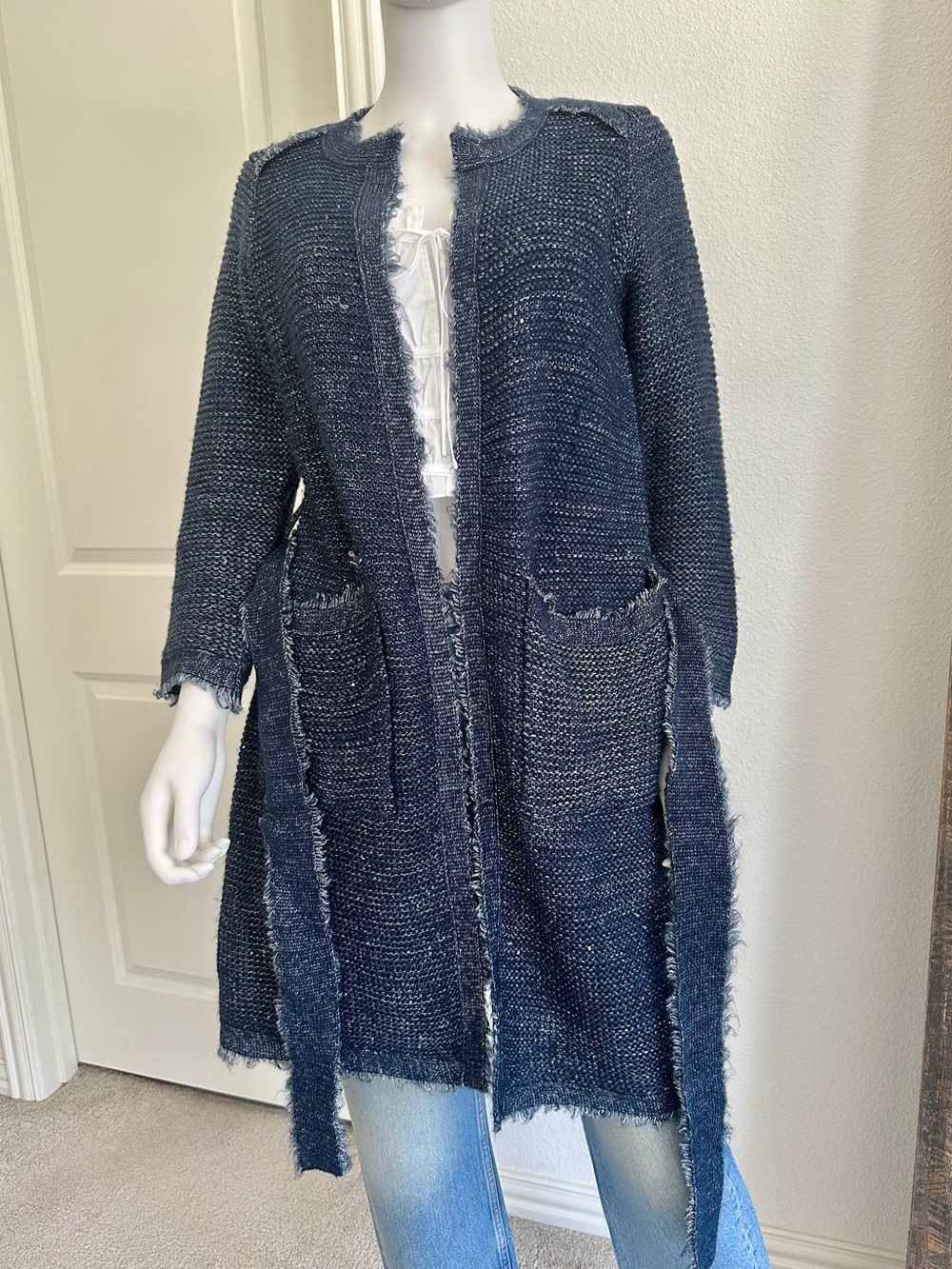 NWOT Zara Navy Metallic Knit Tweed Belted Cardigan Medium